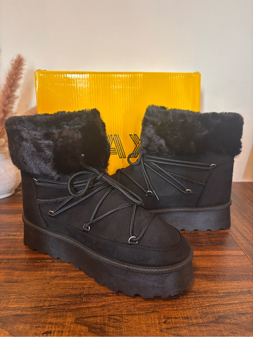Women's Black Faux-Fur Platform Ankle Boots